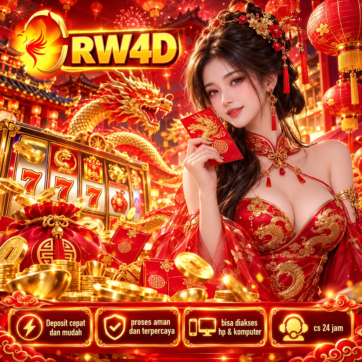 Banner RW4D bertema oriental dengan elemen lampion, koin, dan nuansa merah emas