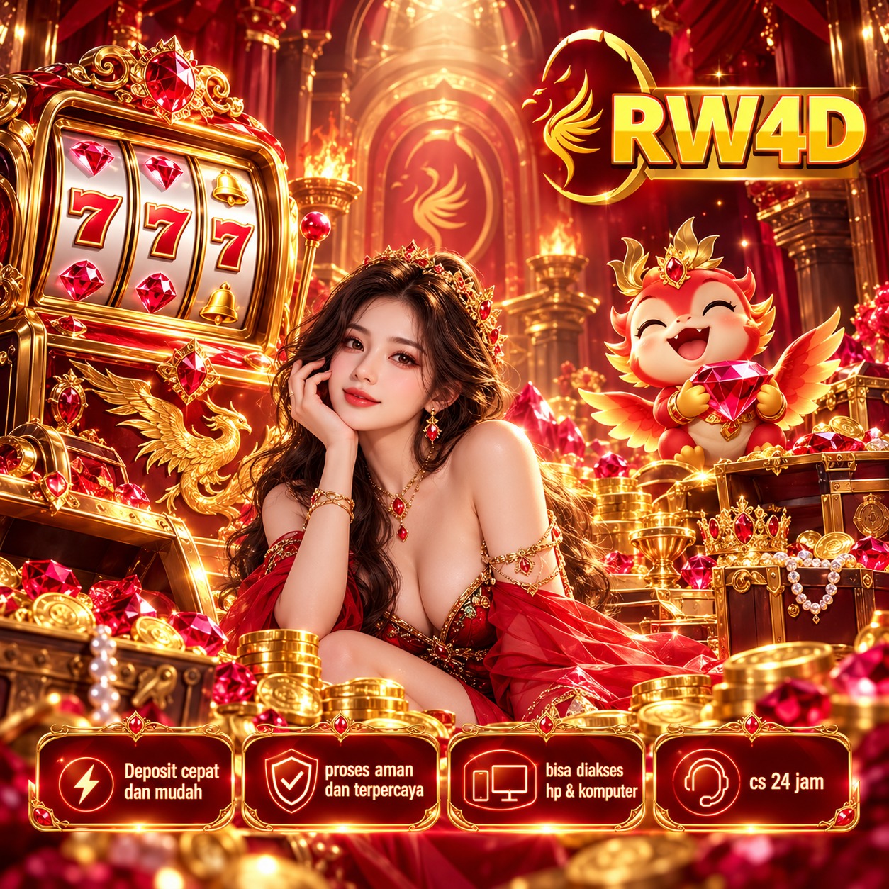 Banner RW4D dengan nuansa istana merah, karakter visual, serta simbol hiburan digital